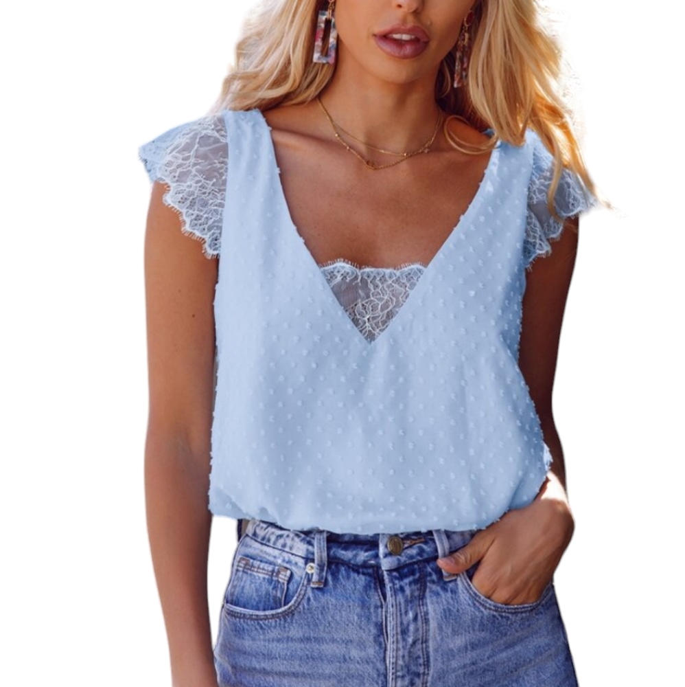 3/$15 Shein Blue Swiss Dot Lace Cap Sleeve Blouse Size Small